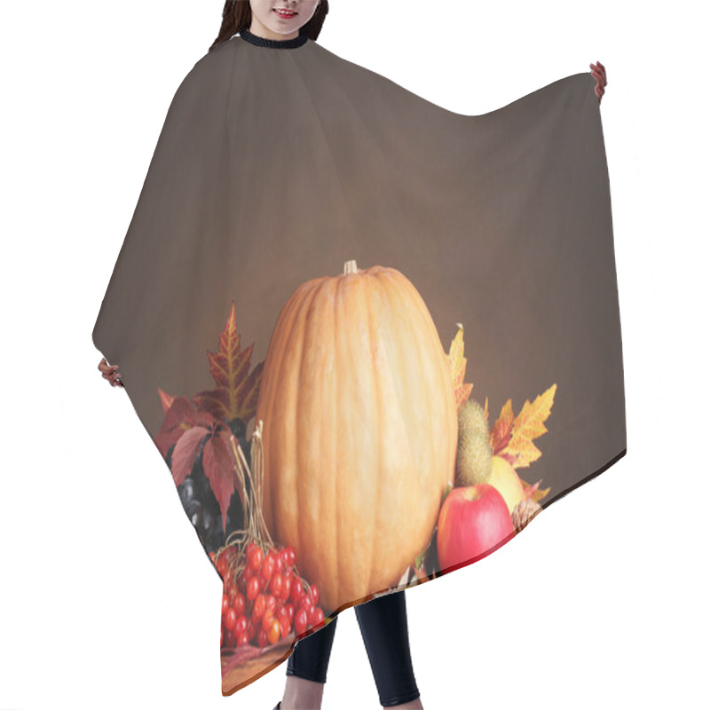 Personality  Pumpkin, Apples,berries And Leaves On Wooden Table On Brown Background Hair Cutting Cape