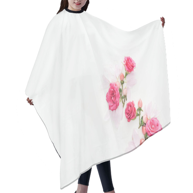 Personality  Top View Of Composition With Roses Buds, Berries And Petals On White Background Hair Cutting Cape