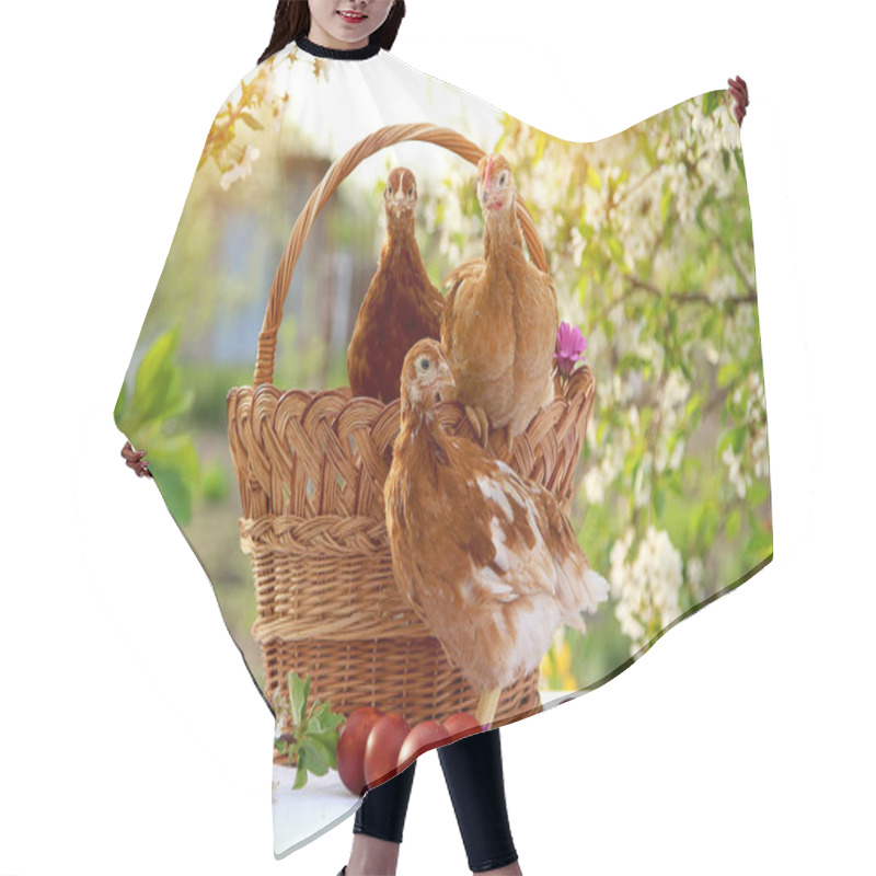 Personality  Chickens In A Basket On The Background Of Easter Eggs And A Blooming Garden Hair Cutting Cape