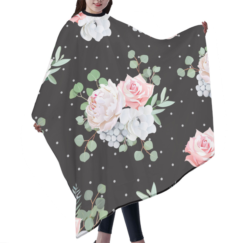 Personality  Black Pattern With Bouquets Of Rose, Peony, Anemone, Brunia Flow Hair Cutting Cape