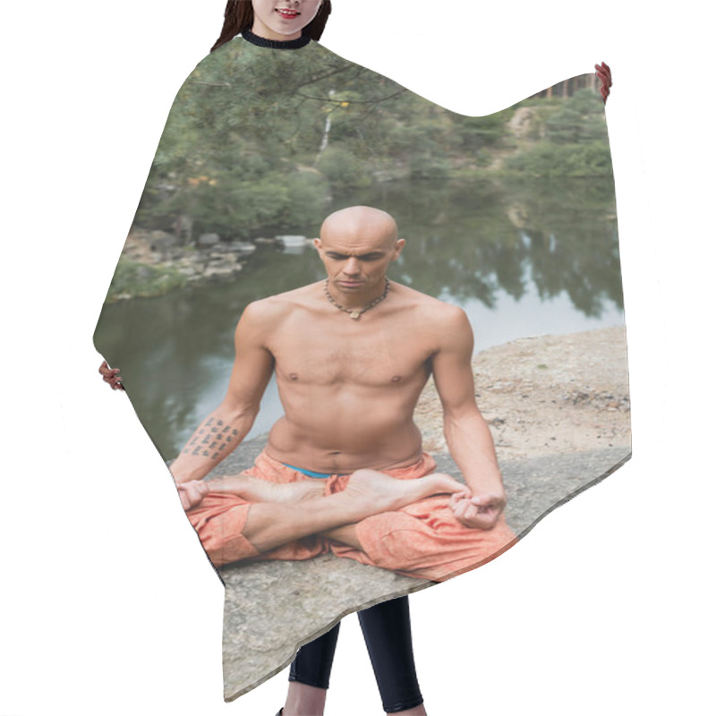 Personality  Shirtless, Tattooed Buddhist Meditating In Lotus Pose On Rocky Cliff Over Lake Hair Cutting Cape