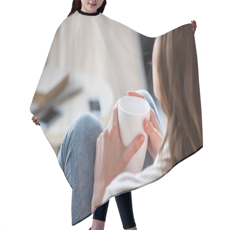 Personality  Woman Holding Cup Hair Cutting Cape