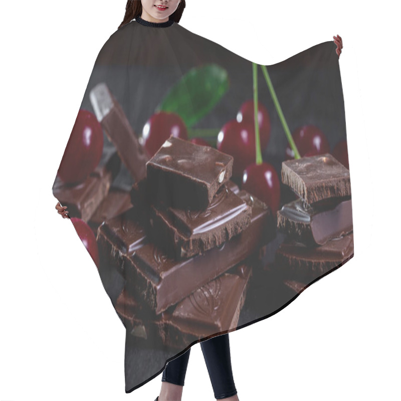 Personality  Cherries And Broken Chocolate On A Dark Background. Hair Cutting Cape