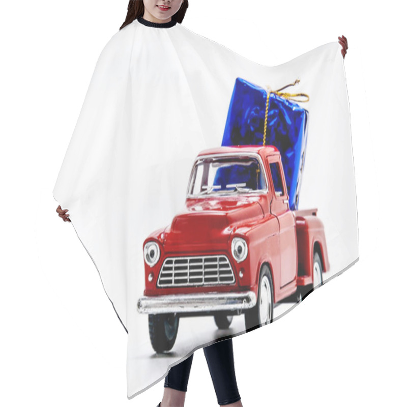 Personality  Red Retro Car Pickup With A Blue Gift Box Isolated Hair Cutting Cape