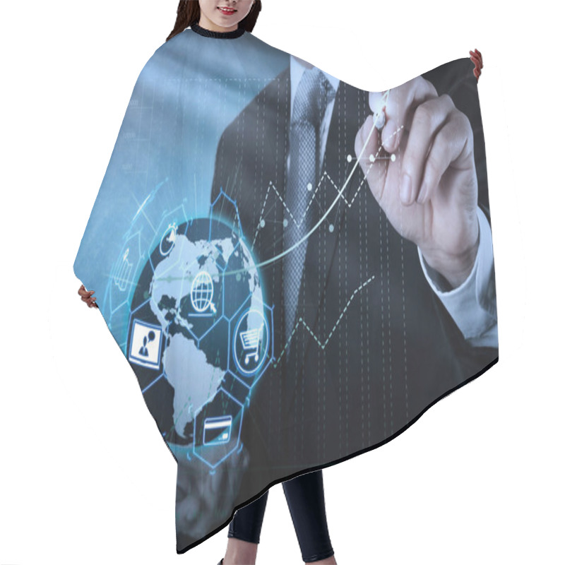 Personality  E-commerce Concept With VR Digital Interface With Icons Of Shopping Cart And Delivery Truck And Credit Card With Symbol Of Online Purchase On Internet.businessman Hand Working With New Modern Computer Hair Cutting Cape