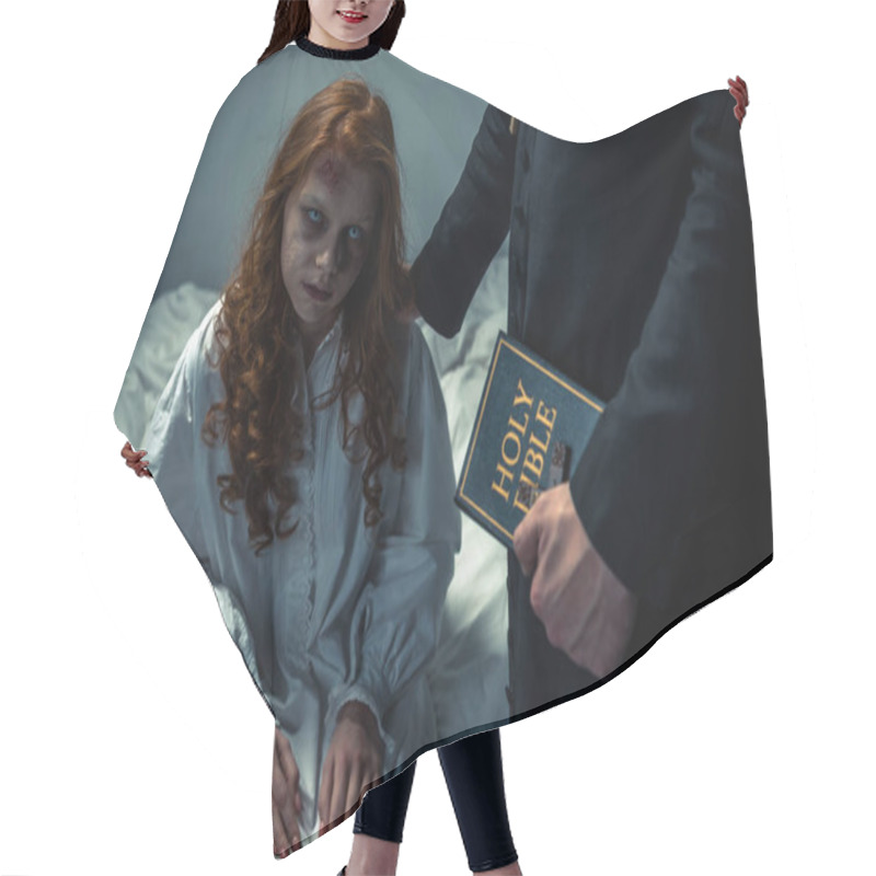 Personality  Exorcist Holding Bible And Hugging Demoniacal Girl In Bedroom  Hair Cutting Cape