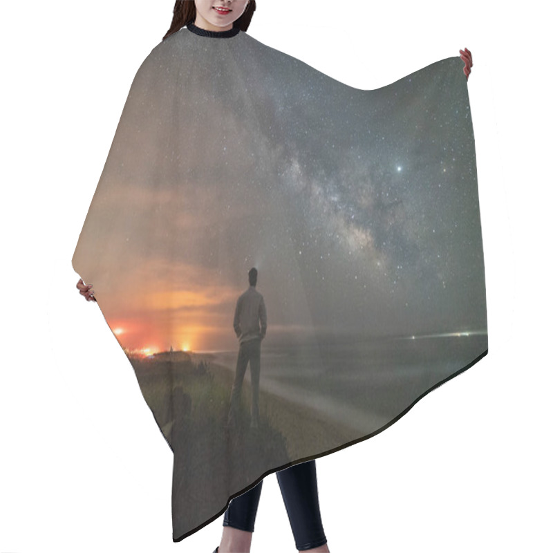 Personality  Man Standing Along Beach Looking At Milkyway Galaxy Over The Ocean. Hair Cutting Cape