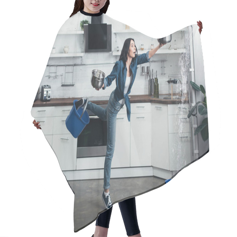 Personality  Full Length View Of Shoked Woman In Jeans Dealing With Water Leak In Kitchen Hair Cutting Cape