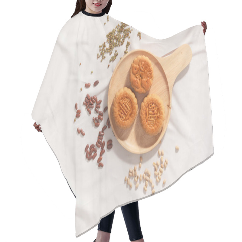 Personality  Flat Lay Conceptual Of Mid-autumn Festival Food Mooncakes. Text On Cake Mean Happiness. Hair Cutting Cape