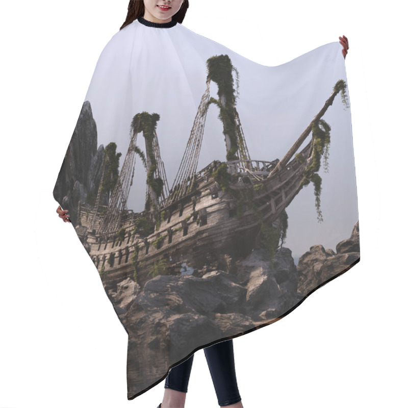 Personality  CGI Wrecked Pirate Ship, Beached Sailing Ship, Ancient Ocean Wreck Hair Cutting Cape