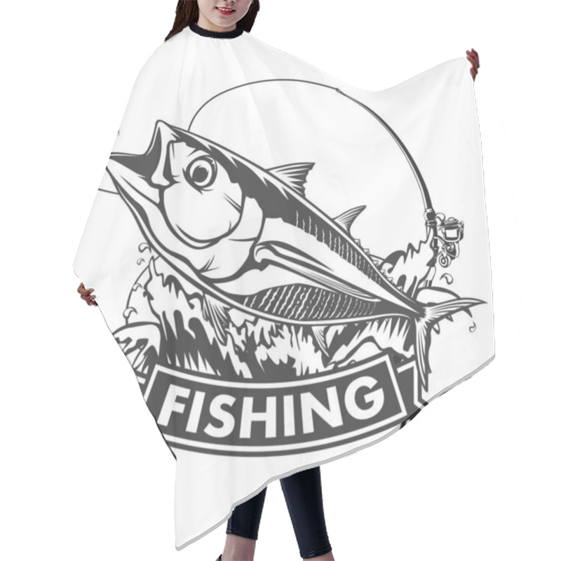 Personality  Tuna Big Fishing On White Logo Illustration. Vector Illustration Can Be Used For Creating Logo And Emblem For Fishing Clubs, Prints, Web And Other Crafts. Hair Cutting Cape