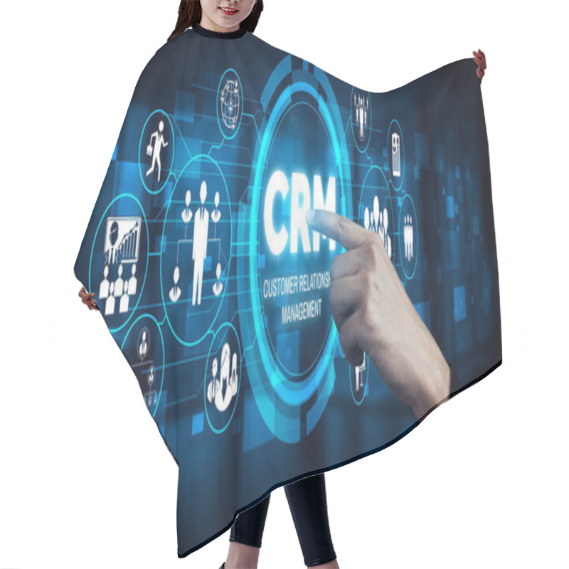 Personality  CRM Customer Relationship Management For Business Sales Marketing System Concept Presented In Futuristic Graphic Interface Of Service Application To Support CRM Database Analysis. Hair Cutting Cape