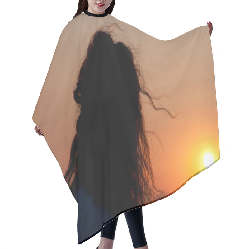 Personality  Young Woman Silhouette Look At Summer Sunset Sun And Sky With Seascape. Hair Cutting Cape