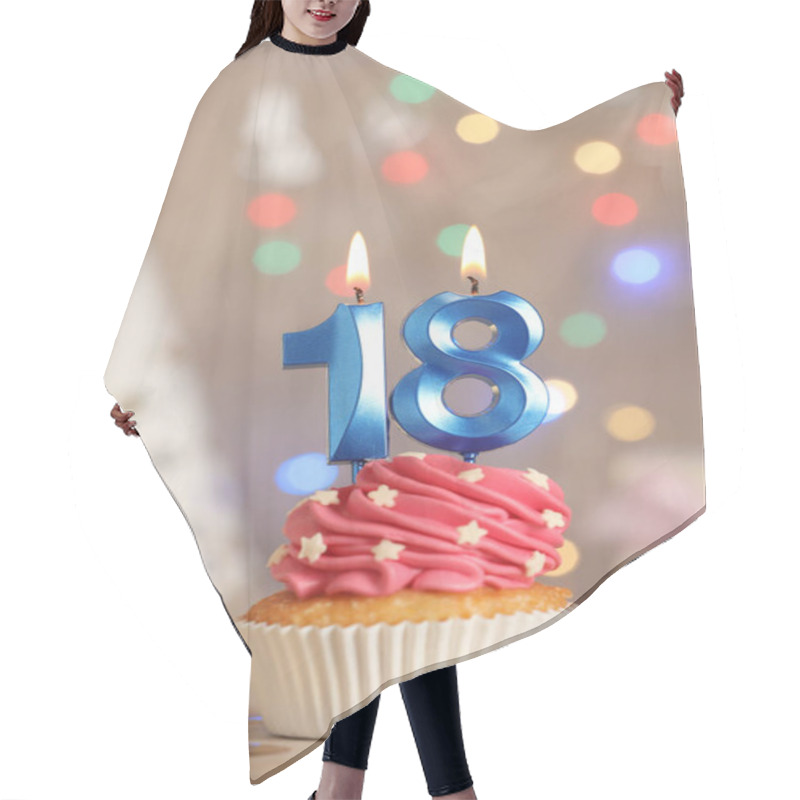 Personality  18th Birthday. Delicious Cupcake With Number Shaped Candles For Coming Of Age Party On Table Hair Cutting Cape