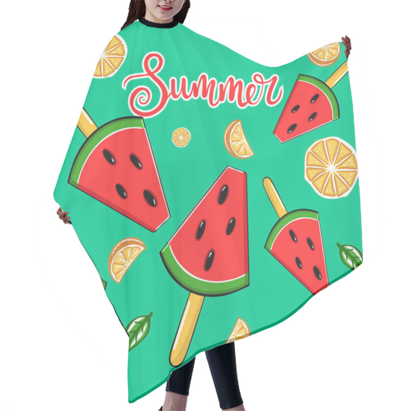 Personality  Hello Summer Greeting Card With Hand-drawn Letters On A Green Background With Watermelon Ice Cream, Lime Vector Illustration. Hair Cutting Cape