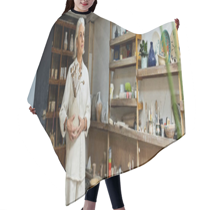 Personality  A Skilled Woman Stands Gracefully In Her Pottery Studio, Surrounded By Tools And Art. Hair Cutting Cape