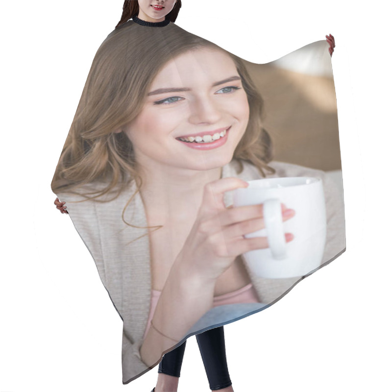 Personality  Woman Holding Cup Hair Cutting Cape