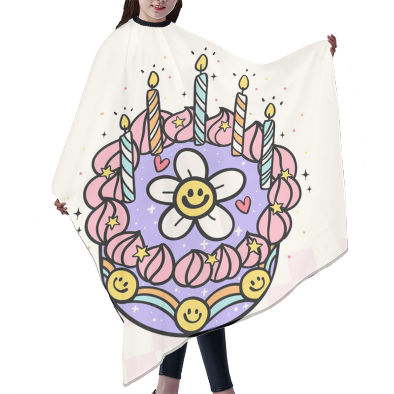 Personality  Groovy Retro Cake With Birthday Candles Doodle Pastel Bold Line Festive Design Idea For Greeting Card Hair Cutting Cape