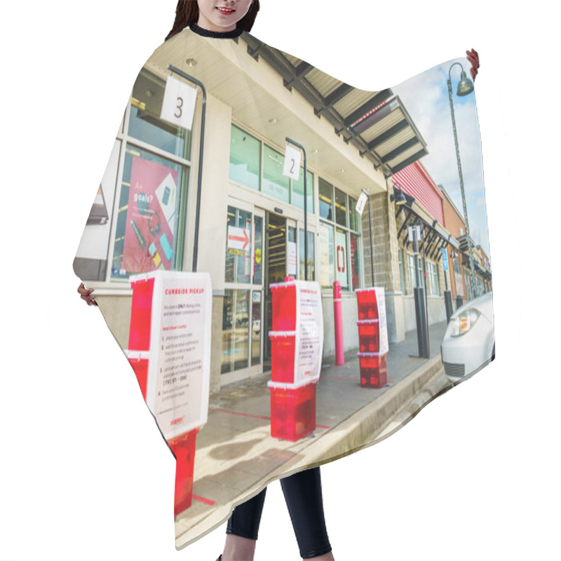 Personality  Surrey, Canada - March 25, 2020: Front Of Staples Office Supply Store Showing Outdoor Customer Order Pickup Bins During Time Of Cornoavirus Pandemic. Hair Cutting Cape