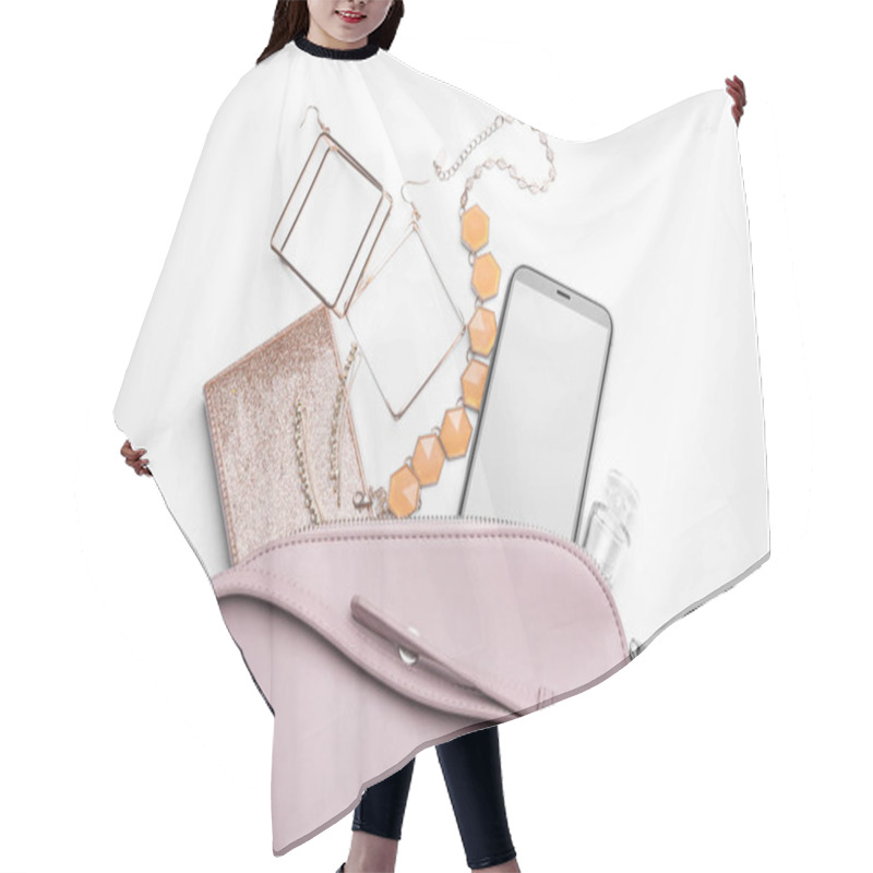 Personality  Stylish Woman's Bag With Smartphone And Accessories On White Bac Hair Cutting Cape