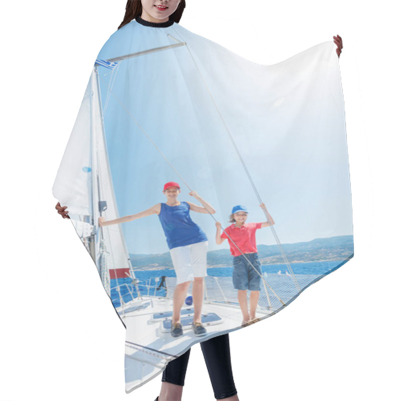 Personality  Brother And Sister On Board Of Sailing Yacht On Summer Cruise. Travel Adventure, Yachting With Child On Family Vacation. Hair Cutting Cape