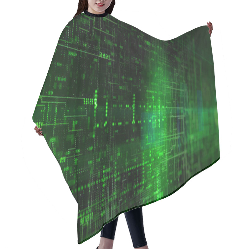 Personality  Green Digital Cyberspace With Particles Futuristic Technology Concept, Digital Data Matrix Flowing And Lighting, High Speed Internet Connection Data Analysis Process Abstract Background. 3d Rendering Hair Cutting Cape