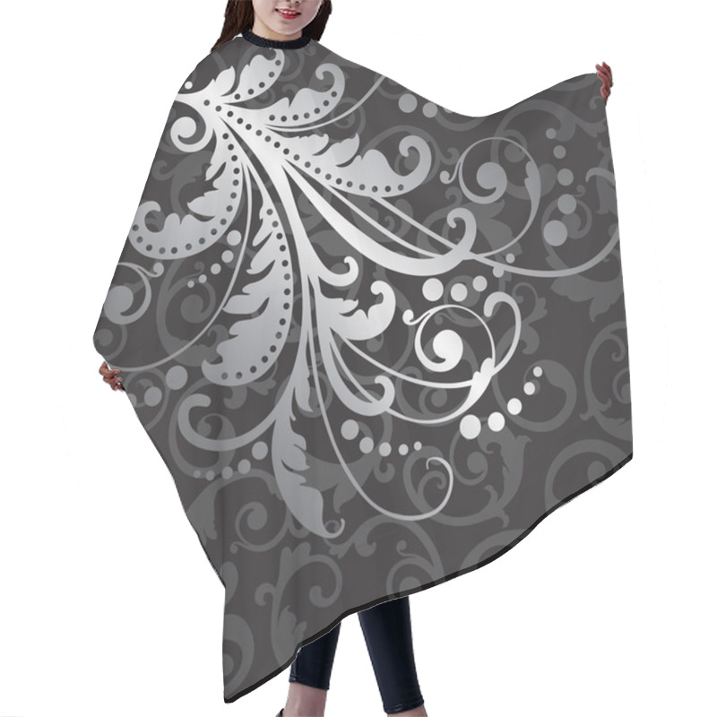 Personality  Floral Silver Design Element On Black Swirls Pattern Hair Cutting Cape