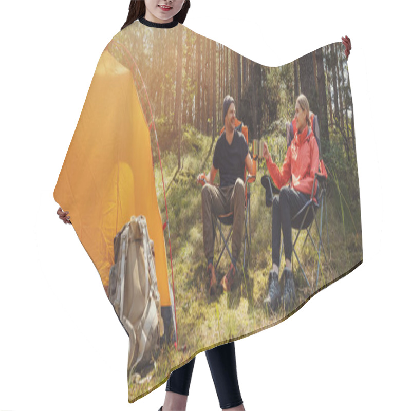 Personality  Forest Camping - Young Hiker Couple Enjoying Cup Of Tee At Campsite Hair Cutting Cape