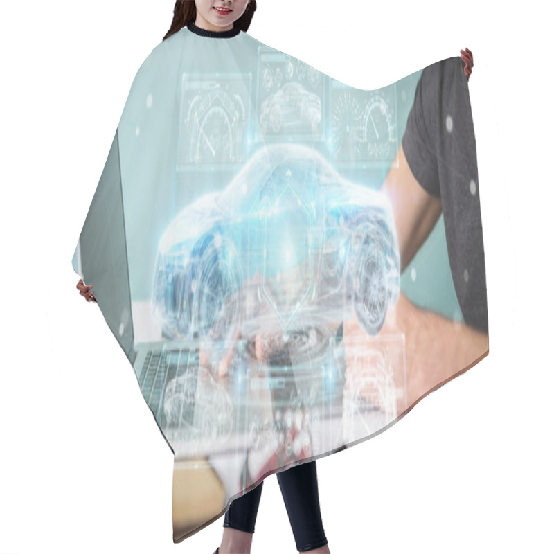 Personality  Graphic Designer On Blurred Background Modern Smart Car Interface 3D Rendering Hair Cutting Cape