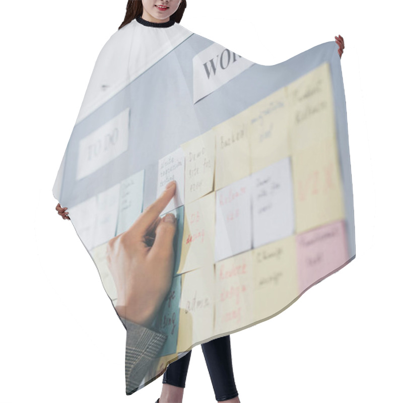 Personality  Selective Focus Of Scrum Master Pointing With Finger At Sticky Note With Write Regression Testing Letters  Hair Cutting Cape