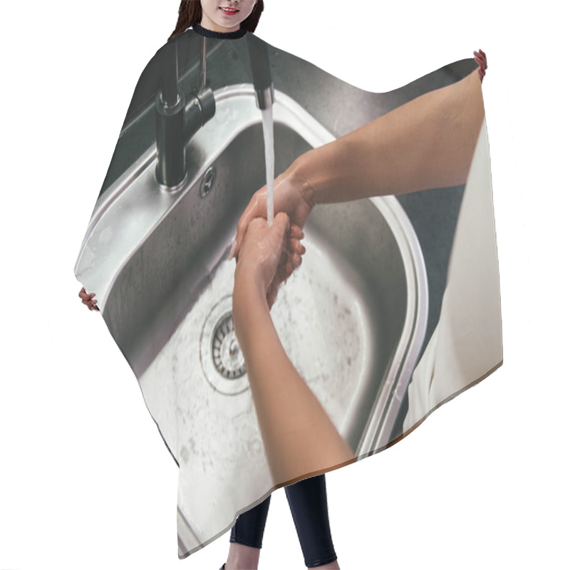 Personality  Cropped View Of Woman Washing Hands In Sink In Kitchen During Quarantine Hair Cutting Cape