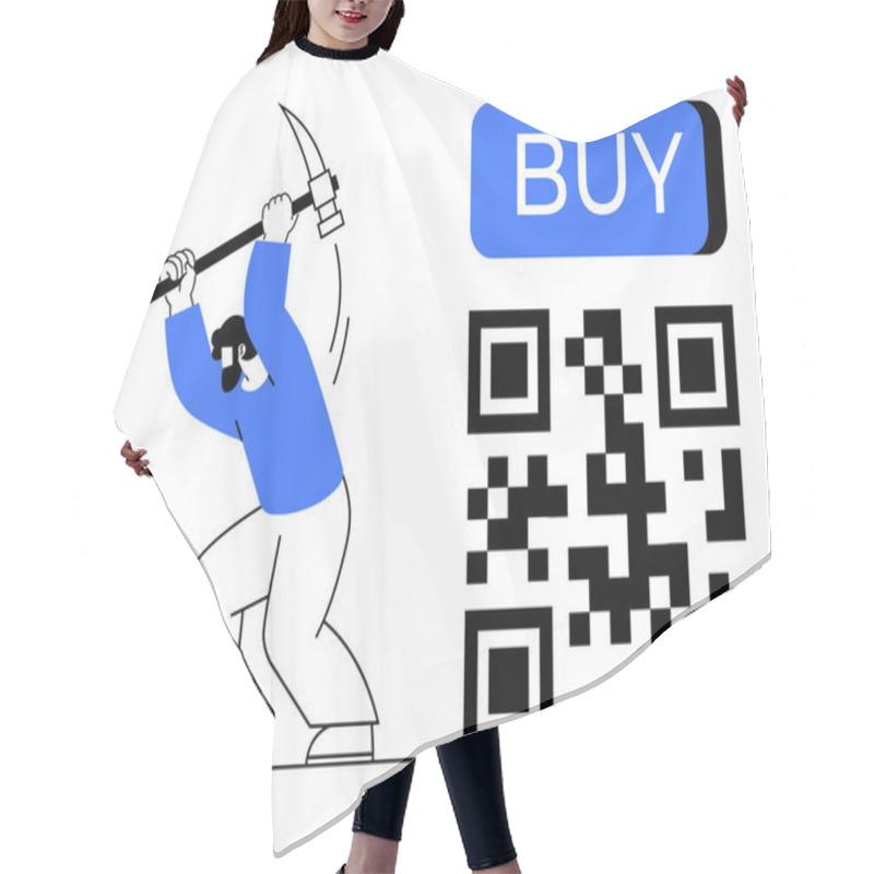 Personality  Man With Pickaxe Standing Beside QR Code And Blue BUY Button. Ideal For E-commerce, Digital Marketing, Online Shopping, Transactions, Web Engagements, App Promotions, Mobile Payments. Line Metaphor Hair Cutting Cape