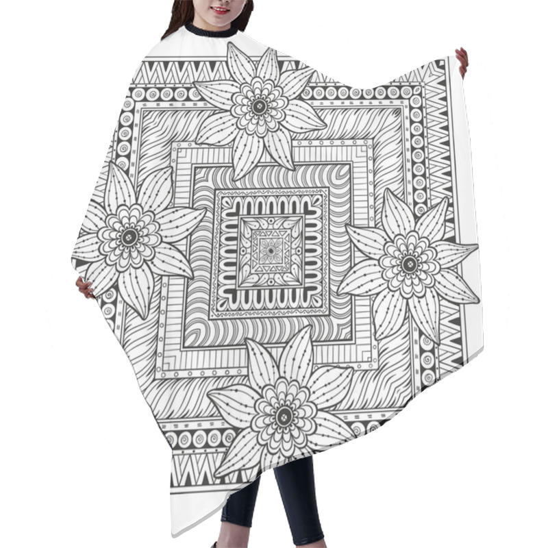 Personality  Floral Rectangle Vector Tattoo. Perfect Card For Any Kind Of Design, Birthday And Other Holiday, Kaleidoscope, Medallion, Coloring Book. Yoga, India, Arabic, Islam Motifs. Black And White Background. Hair Cutting Cape