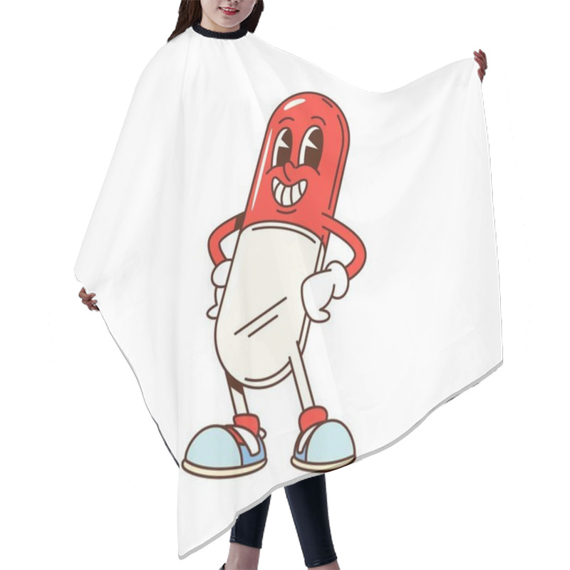 Personality  Groovy Medical Capsule Character. Isolated Cartoon Vector Cheerful Red And White Pill Personage With Expressive Eyes And Wide Grin, Standing In A Confident Pose, Embodies Health, Medicine And Wellness Hair Cutting Cape