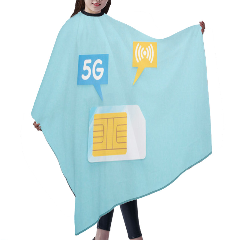 Personality  Top View Of Sim Card And  Speech Bubbles With 5g Lettering On Blue Background Hair Cutting Cape