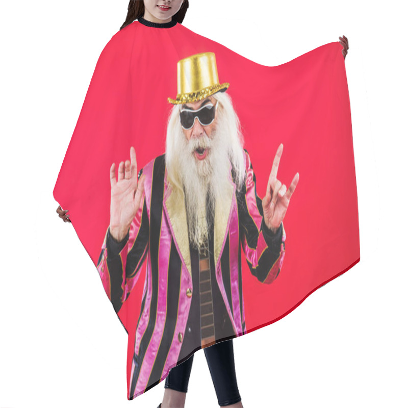 Personality  Senior Man With Eccentric Look  - 60 Years Old Man Having Fun, Portrait On Colored Background, Concepts About Youthful Senior People And Lifestyle Hair Cutting Cape