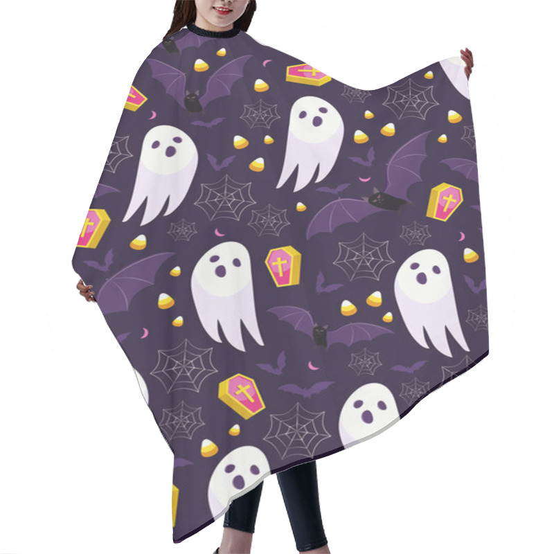 Personality  Halloween Ghost Seamless Pattern On Purple Background. Cute Halloween Ghost And Decoration Pattern Background. Halloween Theme Design Vector Illustration Hair Cutting Cape