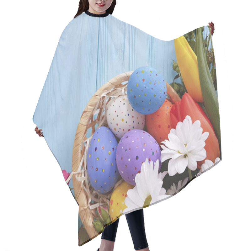 Personality  Tulips, Roses Easter Eggs Basket On Blue Wooden Postcard Hair Cutting Cape