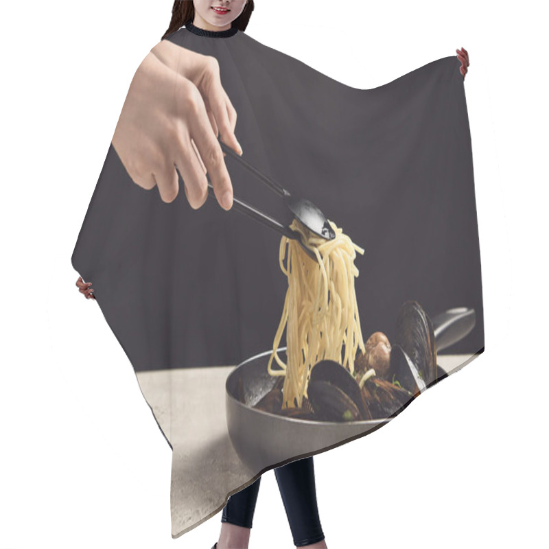 Personality  Cropped View Of Woman Taking Tasty Italian Spaghetti With Seafood From Frying Pan Isolated On Black Hair Cutting Cape