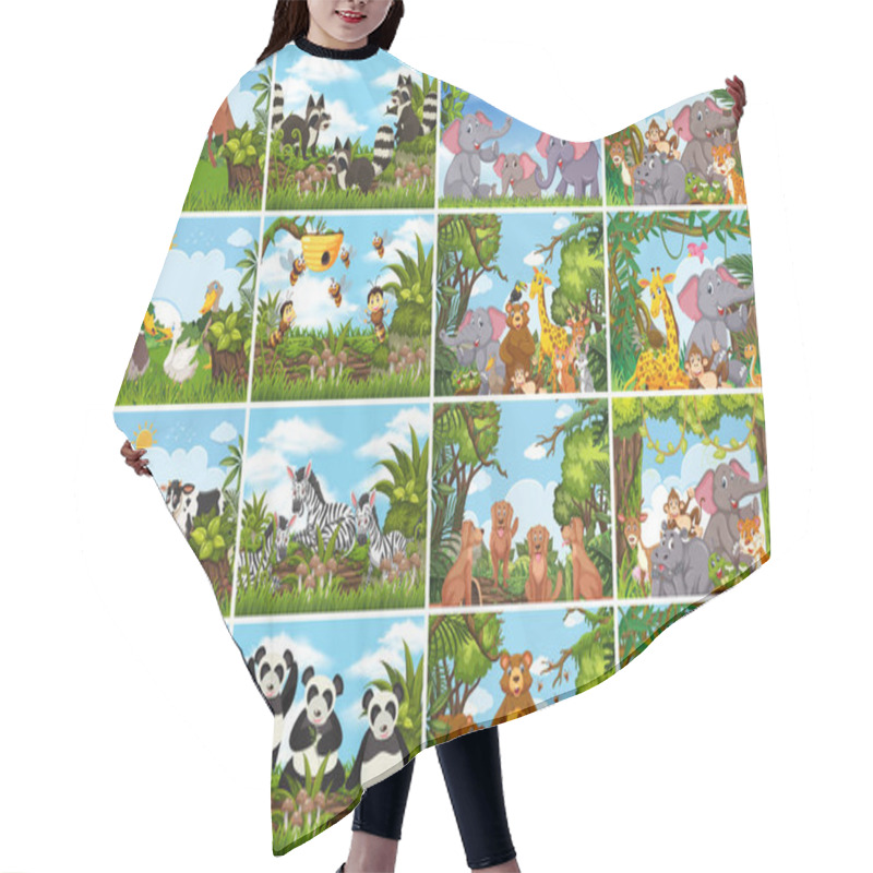 Personality  Set Of Various Animals In Nature Scenes Hair Cutting Cape