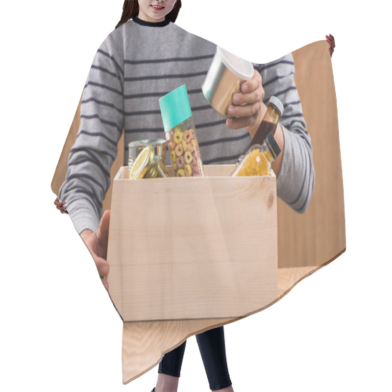 Personality  Volunteer Putting Foodstuffs In Box Hair Cutting Cape