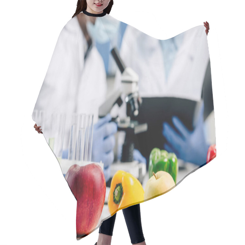 Personality  Selective Focus Of Apples, Bell Peppers And Tomato In Lab  Hair Cutting Cape