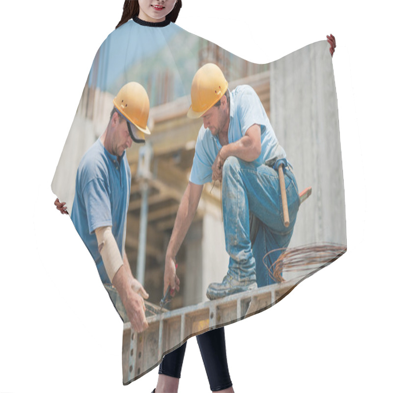 Personality  Two Construction Workers Installing Concrete Formwork Frames Hair Cutting Cape