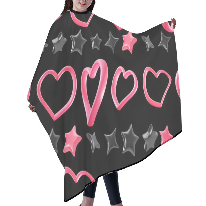 Personality  Striking Valentine-themed Pattern Featuring Cute 3D Pink Hearts And Stars, On Dramatic Black Background. Perfect For Creating Romantic Designs, Valentines Day Projects, Or Any Festive Theme Hair Cutting Cape