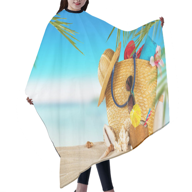 Personality  Tropical Beach With Accessories On Sand, Summer Holiday Backgrou Hair Cutting Cape