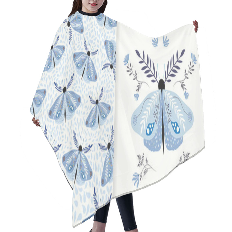 Personality  Bohemian Collection With Blue Moths And Flowers, Seamless Pattern And Greeting Card Hair Cutting Cape