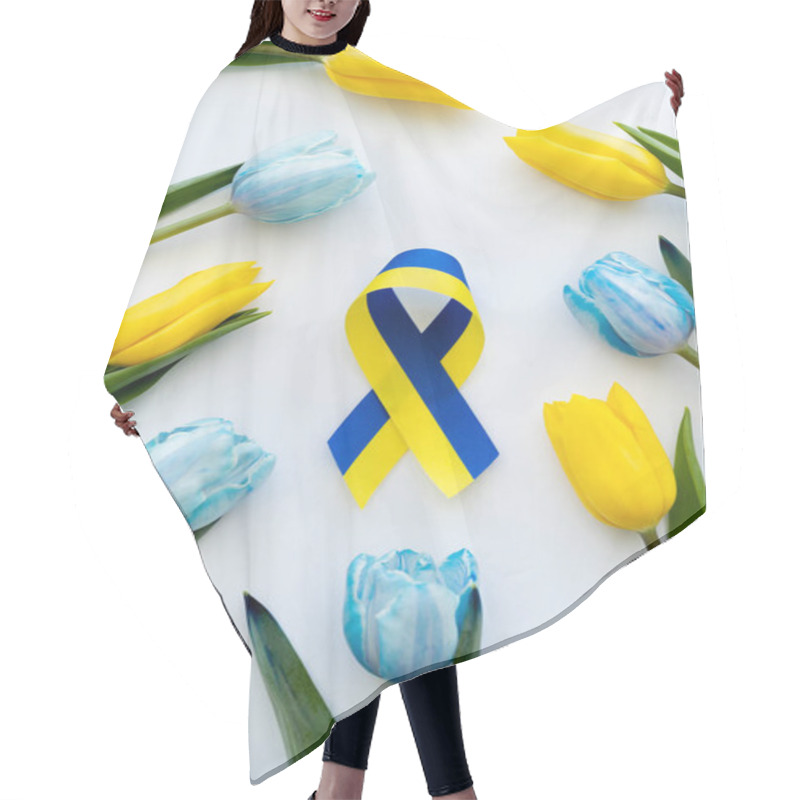 Personality  Top View Of Blue And Yellow Ribbon Near Tulips On White Background  Hair Cutting Cape