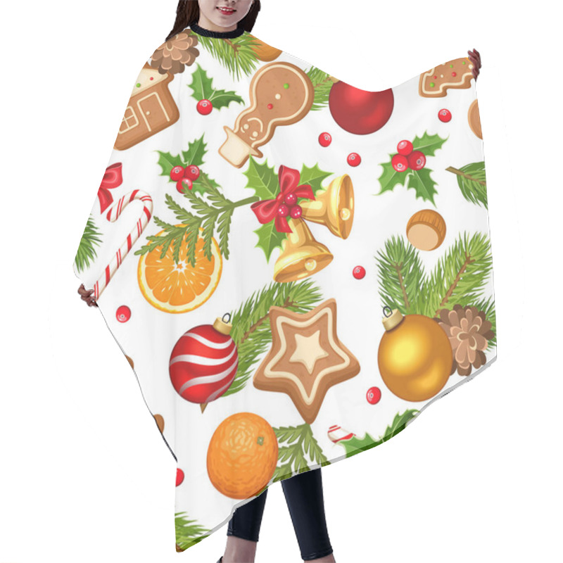 Personality  Christmas Seamless Background With Fir Branches, Holly, Balls And Sweets On A White Background. Hair Cutting Cape