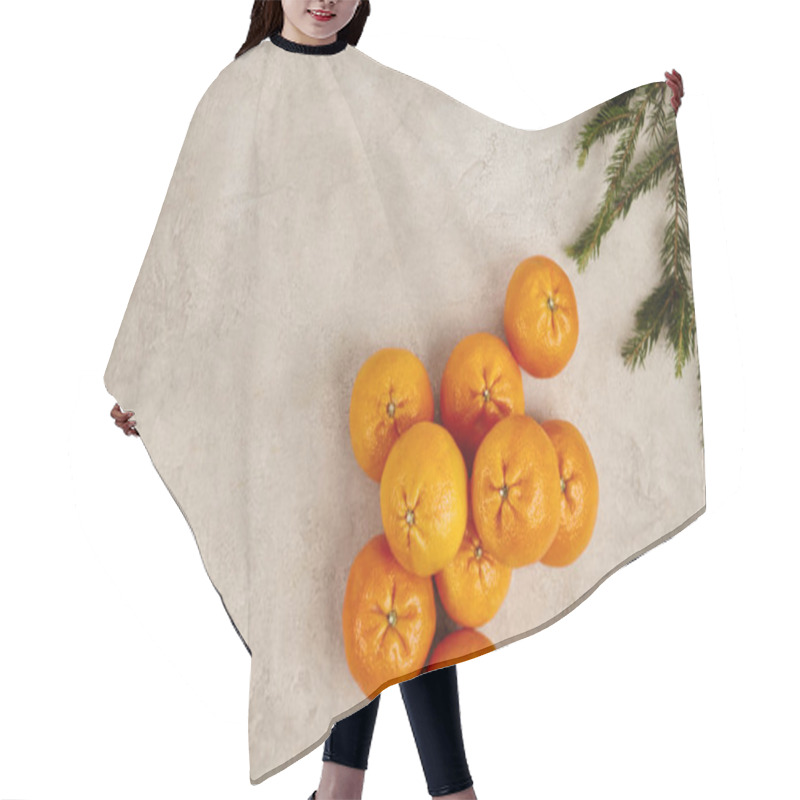 Personality  Christmas Background, Ripe Mandarins With Juniper And Pine Branches On Grey Textured Surface Hair Cutting Cape