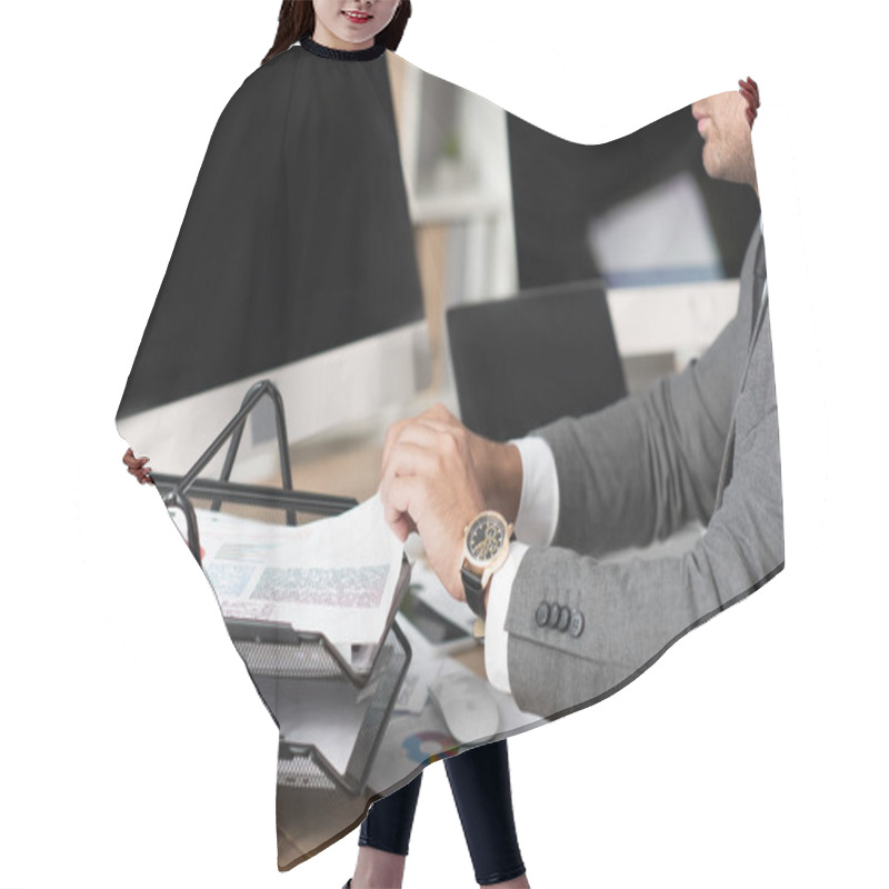 Personality  Cropped View Of Trader Taking Infographics From Documents Tray Near Monitors With Blank Screen Hair Cutting Cape